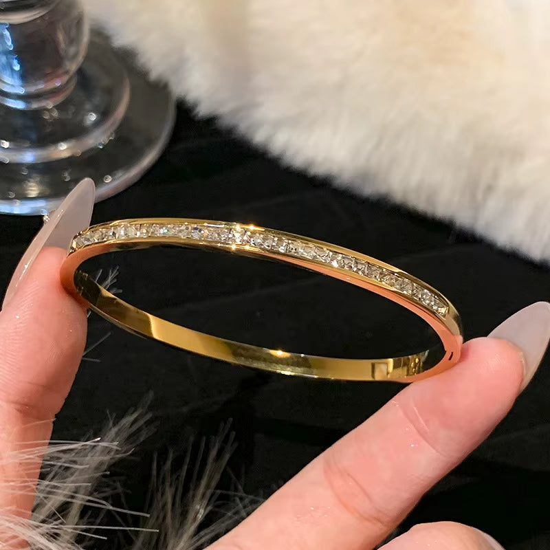 Titanium Steel Gold Silver Color Bangles for Women Girls Trend Waterproof Jewelry Luxury Sparkling Zircon Bracelet Bangle