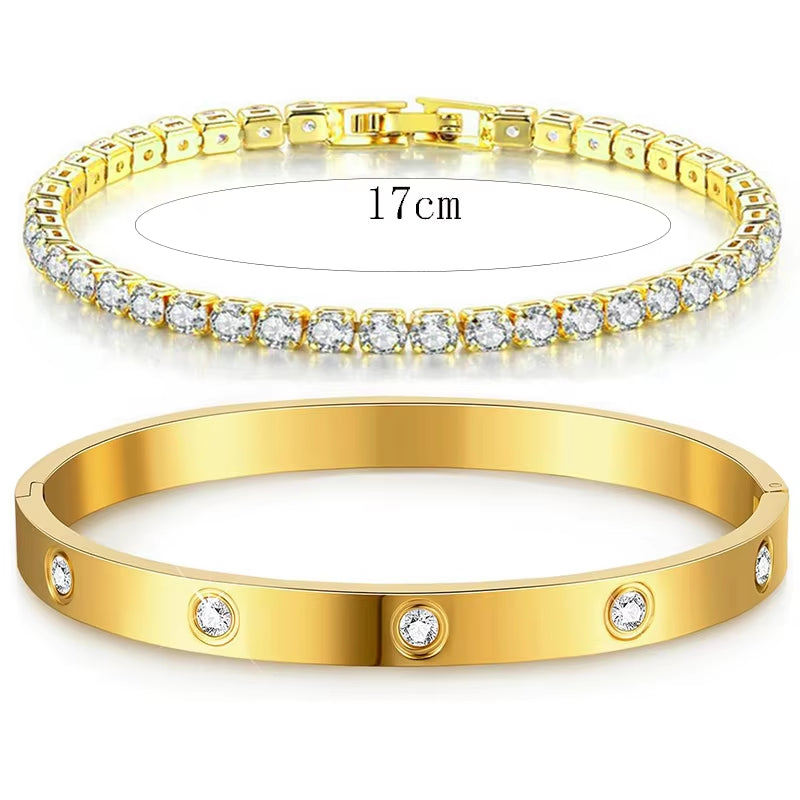 Stackable Gold Bracelets Bangles for Women Girls 14K Gold Plated Cubic Zirconia Tennis Bracelet Stainless Steel Jewelry Gifts